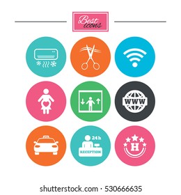 Hotel, apartment service icons. Barbershop sign. Pregnant woman, wireless internet and air conditioning symbols. Colorful flat buttons with icons. Vector