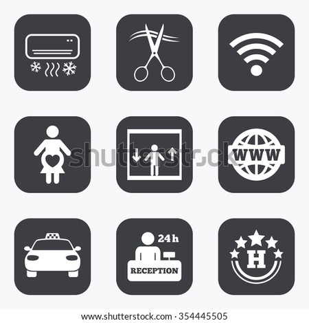 Hotel, apartment service icons. Barbershop sign. Pregnant woman, wireless internet and air conditioning symbols. Flat square buttons with rounded corners.