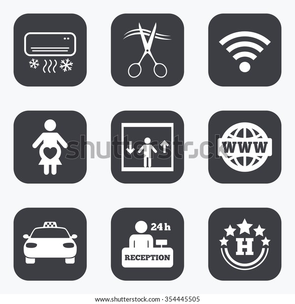 Hotel, apartment service icons.\
Barbershop sign. Pregnant woman, wireless internet and air\
conditioning symbols. Flat square buttons with rounded\
corners.