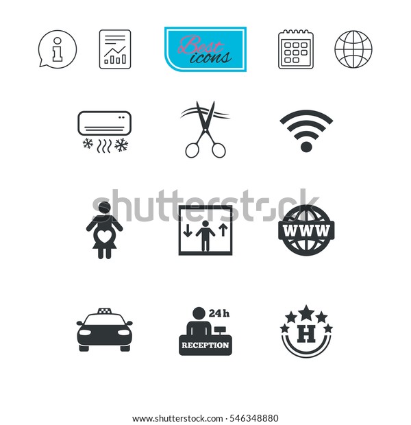 Hotel, apartment
service icons. Barbershop sign. Pregnant woman, wireless internet
and air conditioning symbols. Report document, calendar and
information web icons.
Vector