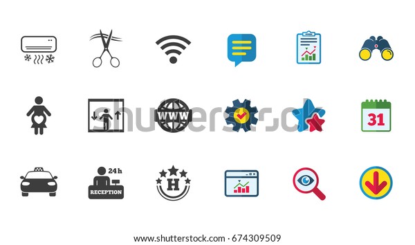 Hotel, apartment service icons. Barbershop sign.
Pregnant woman, wireless internet and air conditioning symbols.
Calendar, Report and Download signs. Stars, Service and Search
icons. Vector