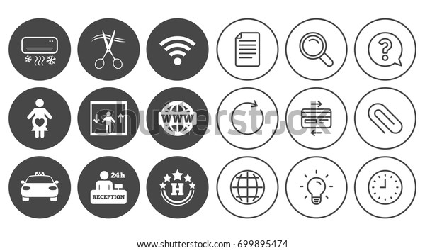 Hotel, apartment service icons. Barbershop sign.\
Pregnant woman, wireless internet and air conditioning symbols.\
Document, Globe and Clock line signs. Lamp, Magnifier and Paper\
clip icons. Vector