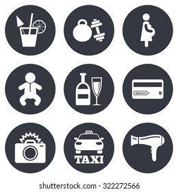 Hotel, apartment service icons. Fitness gym. Alcohol cocktail, taxi and hairdryer symbols. Gray flat circle buttons. Vector