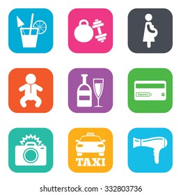 Hotel, apartment service icons. Fitness gym. Alcohol cocktail, taxi and hairdryer symbols. Flat square buttons. Vector