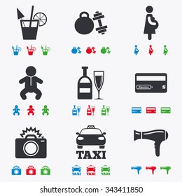 Hotel, apartment service icons. Fitness gym. Alcohol cocktail, taxi and hairdryer symbols. Flat black, red, blue and green icons.