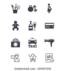 Hotel, Apartment Service Icons. Fitness Gym. Alcohol Cocktail, Taxi And Hairdryer Symbols. Customer Service, Shopping Cart And Report Line Signs. Online Shopping And Statistics. Vector