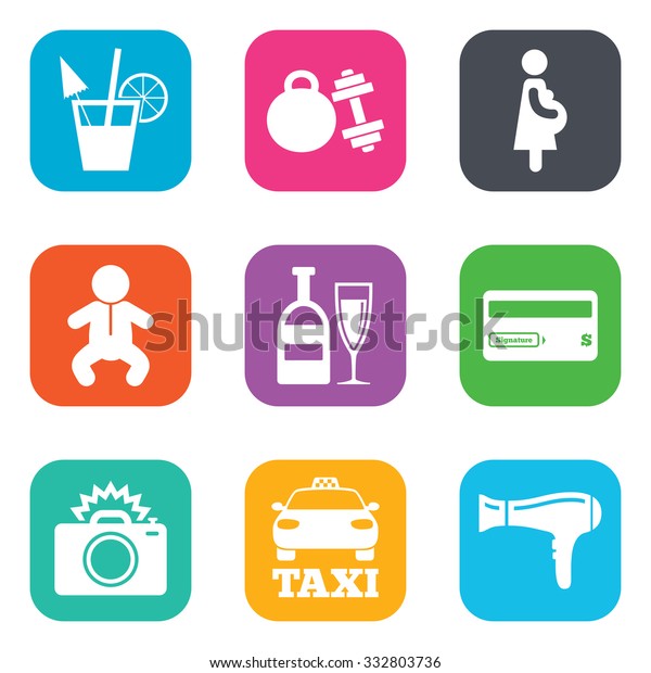 Hotel,\
apartment service icons. Fitness gym. Alcohol cocktail, taxi and\
hairdryer symbols. Flat square buttons.\
Vector