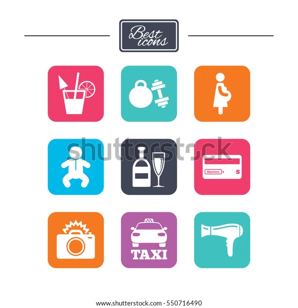 Hotel, apartment service icons. Fitness gym.\
Alcohol cocktail, taxi and hairdryer symbols. Colorful flat square\
buttons with icons.\
Vector