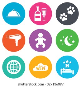 Hotel, apartment service icons. Restaurant sign. Alcohol drinks, wi-fi internet and sleep symbols. Flat circle buttons. Vector