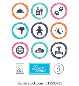 Hotel, apartment service icons. Restaurant sign. Alcohol drinks, wi-fi internet and sleep symbols. Report document, information icons. Vector