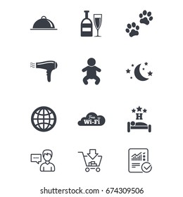 Hotel, apartment service icons. Restaurant sign. Alcohol drinks, wi-fi internet and sleep symbols. Customer service, Shopping cart and Report line signs. Online shopping and Statistics. Vector