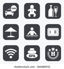 Hotel, apartment service icons. Spa, swimming pool signs. Alcohol drinks, wifi internet and safe symbols. Flat square buttons with rounded corners.