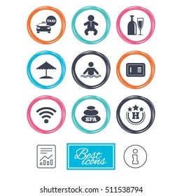 Hotel, apartment service icons. Spa, swimming pool signs. Alcohol drinks, wifi internet and safe symbols. Report document, information icons. Vector