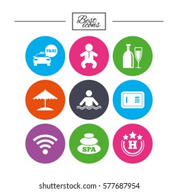 Hotel, apartment service icons. Spa, swimming pool signs. Alcohol drinks, wifi internet and safe symbols. Classic simple flat icons. Vector