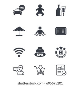 Hotel, apartment service icons. Spa, swimming pool signs. Alcohol drinks, wifi internet and safe symbols. Customer service, Shopping cart and Report line signs. Online shopping and Statistics. Vector