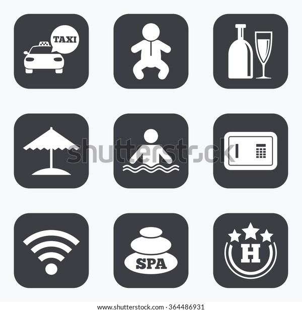 Hotel, apartment service icons. Spa, swimming
pool signs. Alcohol drinks, wifi internet and safe symbols. Flat
square buttons with rounded
corners.