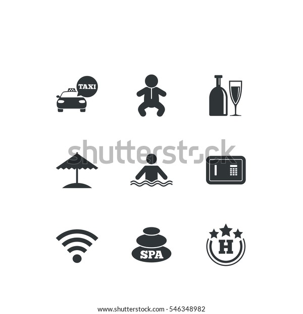Hotel, apartment service\
icons. Spa, swimming pool signs. Alcohol drinks, wifi internet and\
safe symbols. Report document, calendar and information web icons.\
Vector
