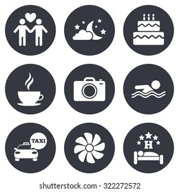 Hotel, apartment service icons. Swimming pool. Ventilation, birthday party and gay-friendly symbols. Gray flat circle buttons. Vector