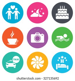 Hotel, apartment service icons. Swimming pool. Ventilation, birthday party and gay-friendly symbols. Flat circle buttons. Vector