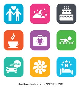 Hotel, apartment service icons. Swimming pool. Ventilation, birthday party and gay-friendly symbols. Flat square buttons. Vector