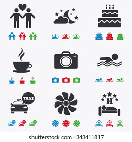 Hotel, apartment service icons. Swimming pool. Ventilation, birthday party and gay-friendly symbols. Flat black, red, blue and green icons.