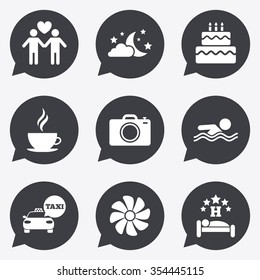 Hotel, apartment service icons. Swimming pool. Ventilation, birthday party and gay-friendly symbols. Flat icons in speech bubble pointers.