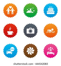 Hotel, apartment service icons. Swimming pool. Ventilation, birthday party and gay-friendly symbols. Stars label button with flat icons. Vector