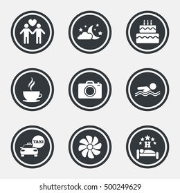 Hotel, apartment service icons. Swimming pool. Ventilation, birthday party and gay-friendly symbols. Circle flat buttons with icons and border. Vector