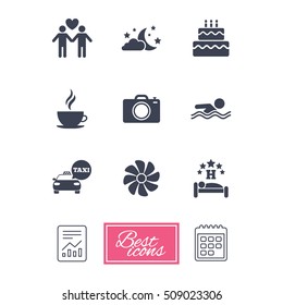 Hotel, apartment service icons. Swimming pool. Ventilation, birthday party and gay-friendly symbols. Report document, calendar icons. Vector