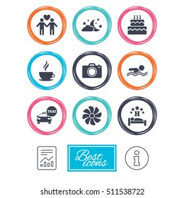Hotel, apartment service icons. Swimming pool. Ventilation, birthday party and gay-friendly symbols. Report document, information icons. Vector