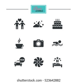 Hotel, apartment service icons. Swimming pool. Ventilation, birthday party and gay-friendly symbols. Black flat icons. Classic design. Vector