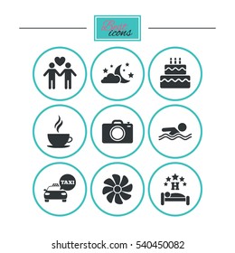 Hotel, apartment service icons. Swimming pool. Ventilation, birthday party and gay-friendly symbols. Round flat buttons with icons. Vector
