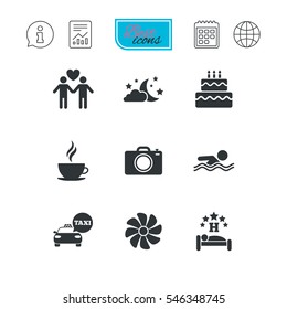 Hotel, apartment service icons. Swimming pool. Ventilation, birthday party and gay-friendly symbols. Report document, calendar and information web icons. Vector