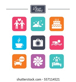 Hotel, apartment service icons. Swimming pool. Ventilation, birthday party and gay-friendly symbols. Colorful flat square buttons with icons. Vector