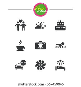 Hotel, apartment service icons. Swimming pool. Ventilation, birthday party and gay-friendly symbols. Classic simple flat icons. Vector