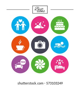 Hotel, apartment service icons. Swimming pool. Ventilation, birthday party and gay-friendly symbols. Classic simple flat icons. Vector