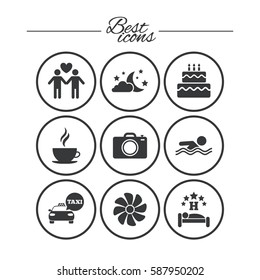 Hotel, apartment service icons. Swimming pool. Ventilation, birthday party and gay-friendly symbols. Classic simple flat icons. Vector