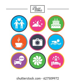 Hotel, apartment service icons. Swimming pool. Ventilation, birthday party and gay-friendly symbols. Classic simple flat icons. Vector