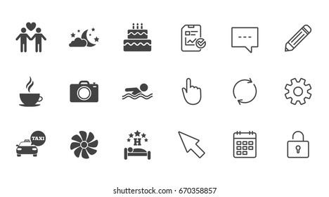 Hotel, apartment service icons. Swimming pool. Ventilation, birthday party and gay-friendly symbols. Chat, Report and Calendar line signs. Service, Pencil and Locker icons. Click, Rotation and Cursor