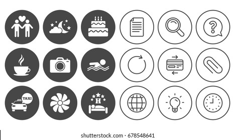 Hotel, apartment service icons. Swimming pool. Ventilation, birthday party and gay-friendly symbols. Document, Globe and Clock line signs. Lamp, Magnifier and Paper clip icons. Vector