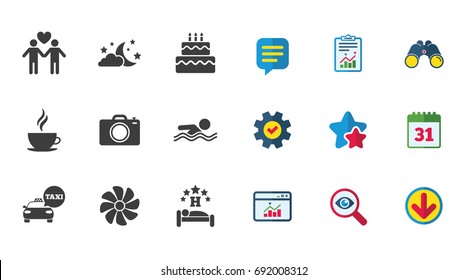 Hotel, apartment service icons. Swimming pool. Ventilation, birthday party and gay-friendly symbols. Calendar, Report and Download signs. Stars, Service and Search icons. Vector