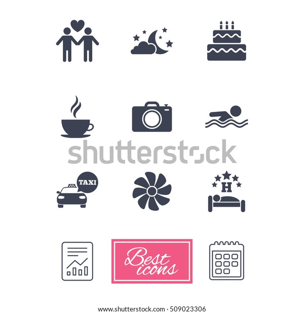 Hotel, apartment service icons. Swimming pool.\
Ventilation, birthday party and gay-friendly symbols. Report\
document, calendar icons.\
Vector