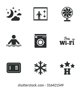 Hotel, apartment service icons. Washing machine. Wifi, air conditioning and swimming pool symbols. Flat icons on white. Vector