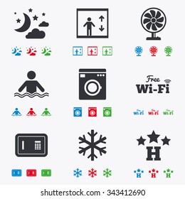 Hotel, apartment service icons. Washing machine. Wifi, air conditioning and swimming pool symbols. Flat black, red, blue and green icons.