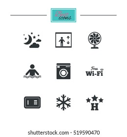 Hotel, apartment service icons. Washing machine. Wifi, air conditioning and swimming pool symbols. Black flat icons. Classic design. Vector