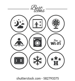 Hotel, apartment service icons. Washing machine. Wifi, air conditioning and swimming pool symbols. Classic simple flat icons. Vector