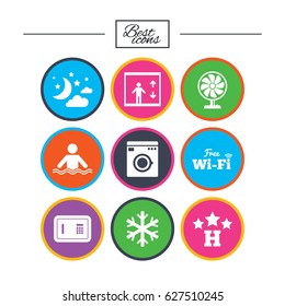 Hotel, apartment service icons. Washing machine. Wifi, air conditioning and swimming pool symbols. Classic simple flat icons. Vector