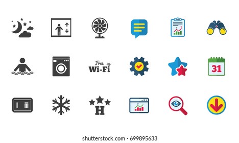 Hotel, apartment service icons. Washing machine. Wifi, air conditioning and swimming pool symbols. Calendar, Report and Download signs. Stars, Service and Search icons. Statistics, Binoculars and Chat