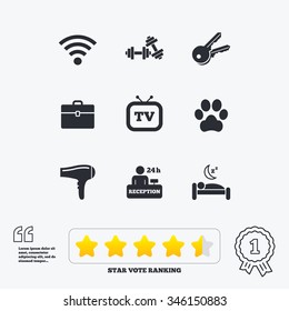 Hotel, apartment service icons. Wi-fi internet. Reception, pets allowed and hairdryer symbols. Star vote ranking. Award achievement and quotes.