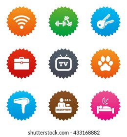 Hotel, apartment service icons. Wi-fi internet. Reception, pets allowed and hairdryer symbols. Stars label button with flat icons. Vector